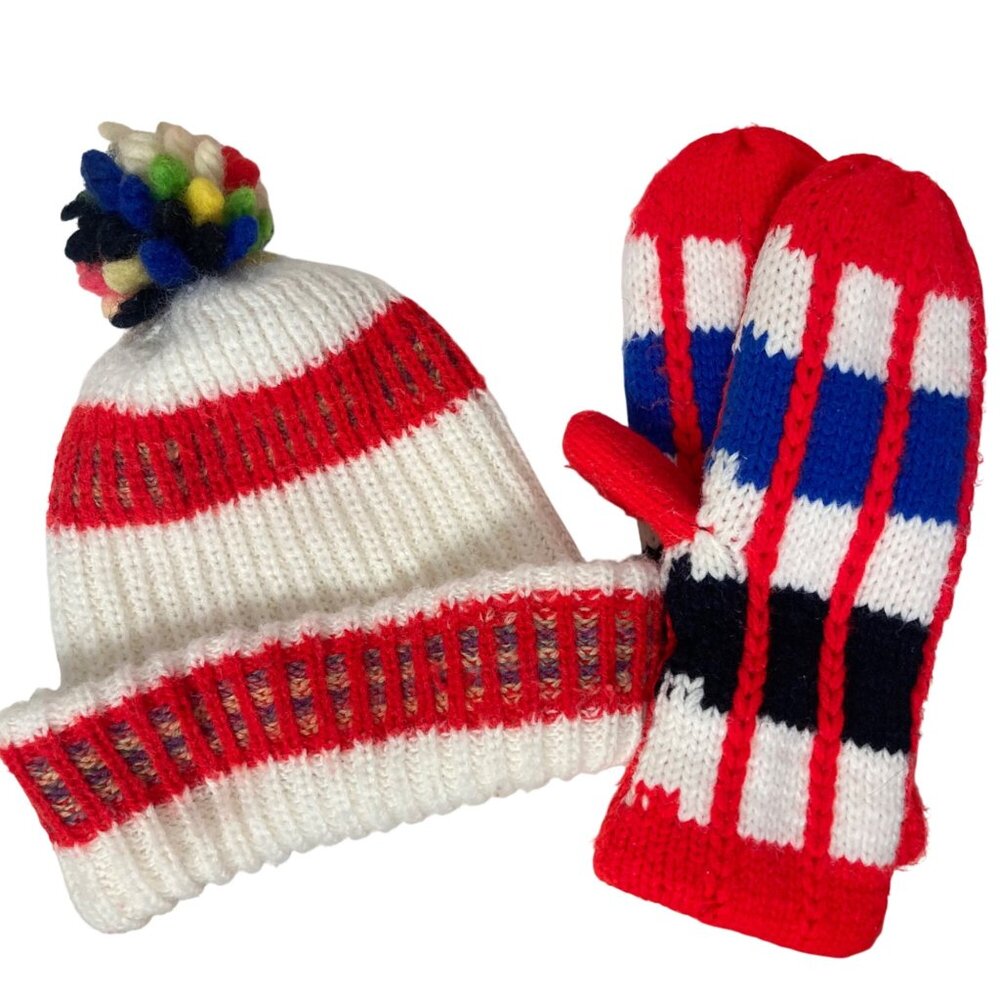 Vintage Knit Pom Pom Hat Mittens Set Red White Beanie Small Medium Retro